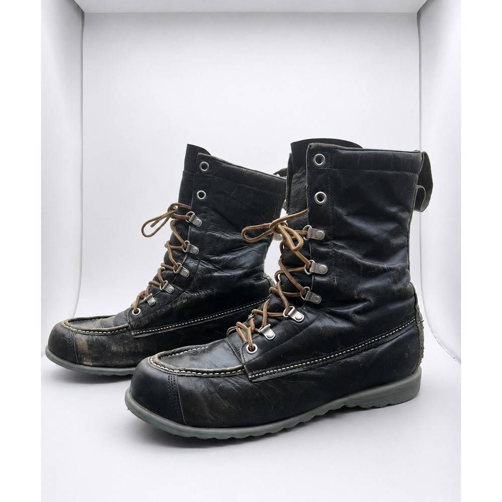Vintage Ted Williams Black Leather Field Boots Moc Toe Lace Up Bastiano Sole 7C